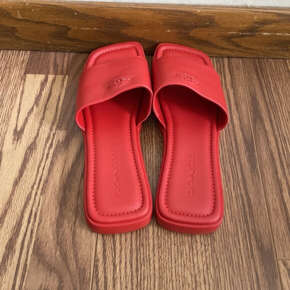 Coach Women Size 8.5B Bright Poppy Slip-On Square Toe Fiona Leather Sandal NWB - Picture 6 of 16